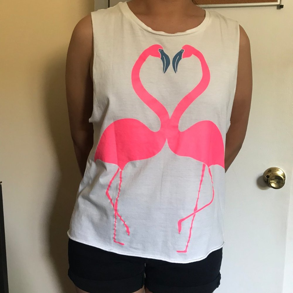 White Muscle Tee With Falmingos Size 8